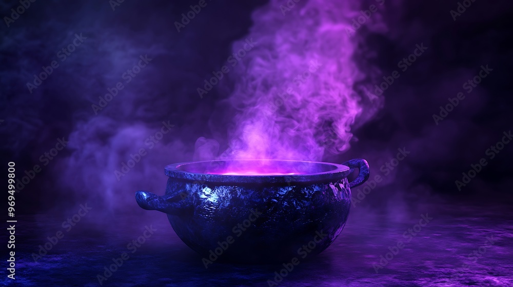 Enigmatic Obsidian Cauldron Illuminated by Radiant Purple Light, Emanating Smoke - Hyper-Realistic Cinematic Rendering with Intricate Detail Enigmatic Obsidian Cauldron Illuminated by Radiant Purple Light, Emanating Smoke - Hyper-Realistic Cinematic Rendering with Intricate Detail