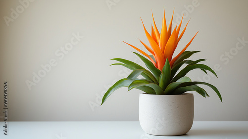 A bird of paradise plant in a white pot on a table against a beige wall photo