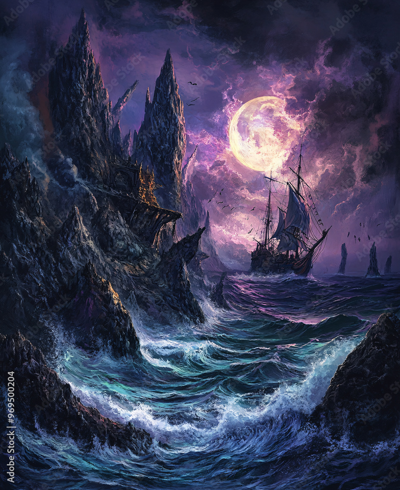 Fototapeta premium A mystical ship sails through turbulent waters under a vibrant moonlit sky.