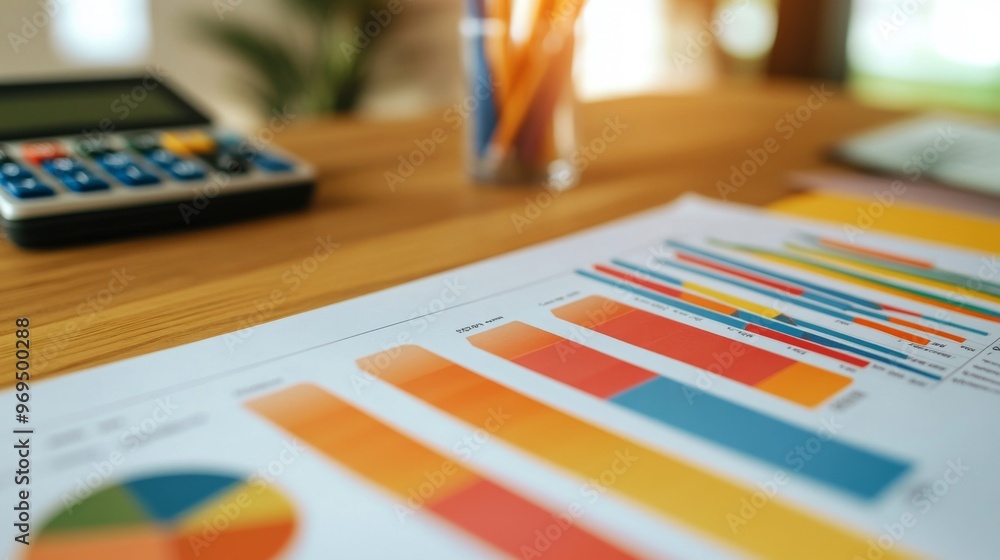 Close-up of a printed financial graph with colorful bar charts and line indicators, displayed on a desk alongside financial documents and a calculator. Close-up of a printed financial graph with colorful bar charts and line indicators, displayed on a desk alongside financial documents and a calculator.
