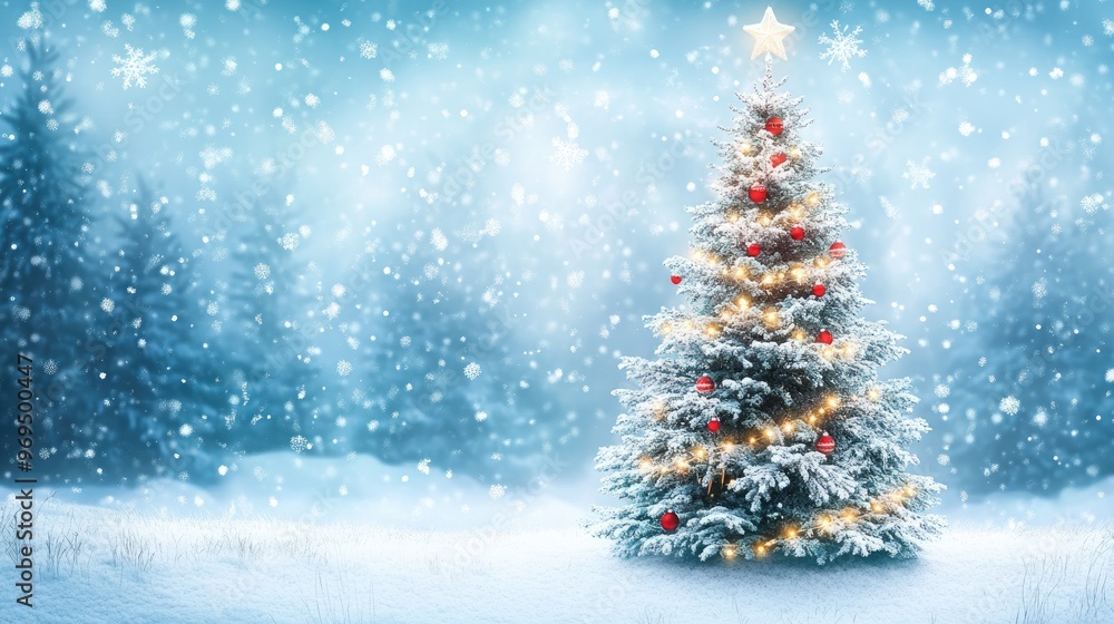 A snowy landscape with a large, tastefully decorated Christmas tree standing alone, with space above for adding elegant Christmas greetings or quotes. A snowy landscape with a large, tastefully decorated Christmas tree standing alone, with space above for adding elegant Christmas greetings or quotes.