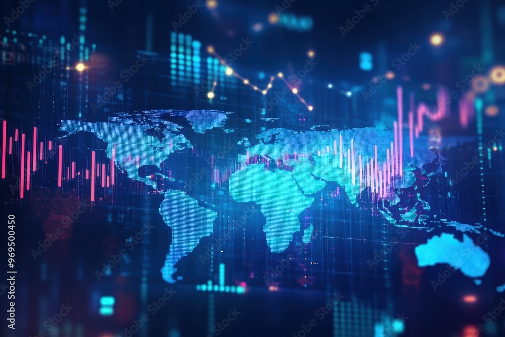 Digital stock market graph and world map background with a blue color theme Generative AI Digital stock market graph and world map background with a blue color theme Generative AI