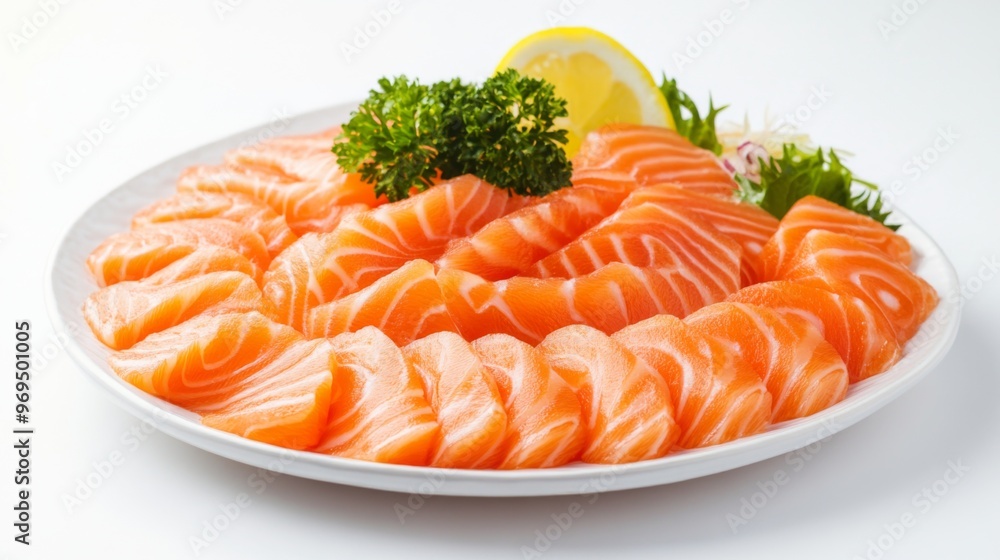 Close-up of a salmon sashimi platter with delicate slices of fish on a white background, emphasizing the freshness and elegant presentation of the dish Close-up of a salmon sashimi platter with delicate slices of fish on a white background, emphasizing the freshness and elegant presentation of the dish
