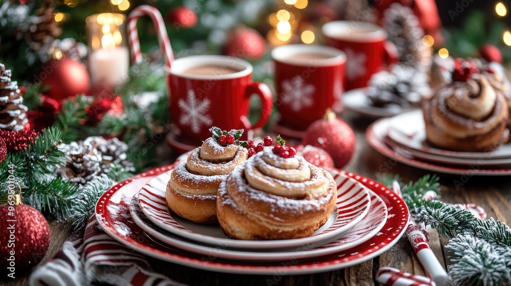 A table set for Christmas breakfast, with festive plates, cinnamon rolls, hot cocoa, and Christmas decorations in the background. A table set for Christmas breakfast, with festive plates, cinnamon rolls, hot cocoa, and Christmas decorations in the background.