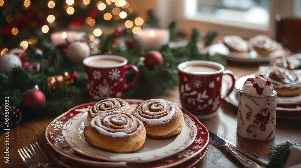 A table set for Christmas breakfast, with festive plates, cinnamon rolls, hot cocoa, and Christmas decorations in the background. A table set for Christmas breakfast, with festive plates, cinnamon rolls, hot cocoa, and Christmas decorations in the background.