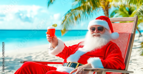 Santa Claus sits in a beach chair on a tropical beach, holding a cocktail and relaxing under the warm sun. The concept highlights celebrating Christmas in Holiday. Generative AI. 