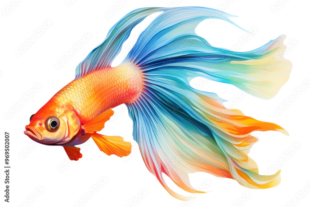 Fototapeta premium Beautiful, colorful fish swim on a white background. Show a dignified demeanor