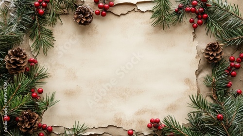 A vintage Christmas frame made of old, weathered paper with torn edges, adorned with pine branches and red berries, leaving a blank center for holiday greetings. photo