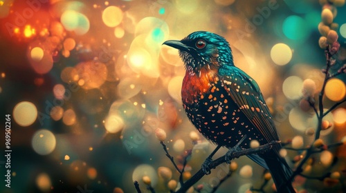 Close-up of a striking bird with elaborate feather details, perched on a branch, with a background of abstract lights creating a captivating and artistic ambiance. photo