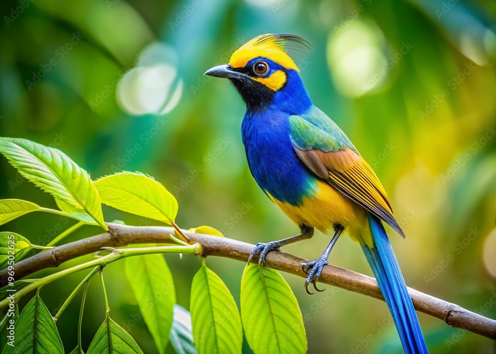 Vibrant blue and yellow bird with elaborate crest resembling an umbrella, perched on a lush green branch, surrounded Vibrant blue and yellow bird with elaborate crest resembling an umbrella, perched on a lush green branch, surrounded