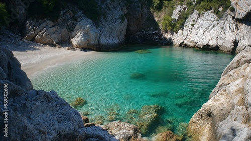 A peaceful tropical cove with clear turquoise water, surrounded by rocky cliffs and a small sandy beach, perfect for relaxation.