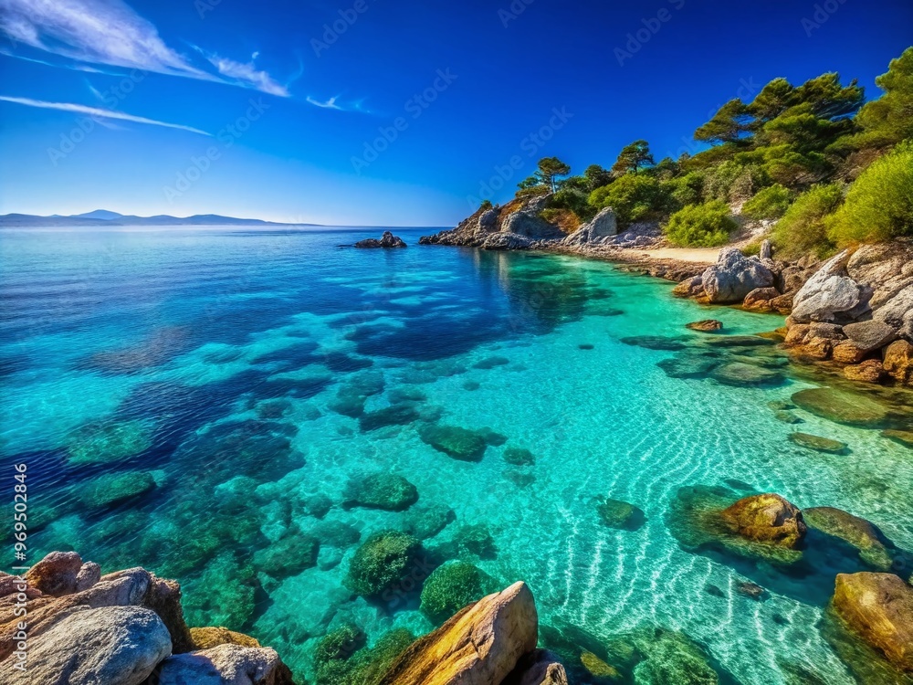 Vibrant blue hues dominate the serene landscape, with calm turquoise waters gently lapping against a rocky shoreline Vibrant blue hues dominate the serene landscape, with calm turquoise waters gently lapping against a rocky shoreline