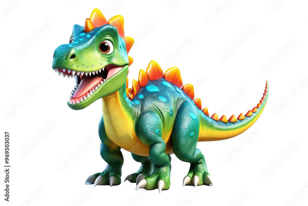 Obraz premium Cartoon dinosaur, full body, isolated, white background, characterized by cuteness and high-quality 3D modelling, vivid colors, ultra fine