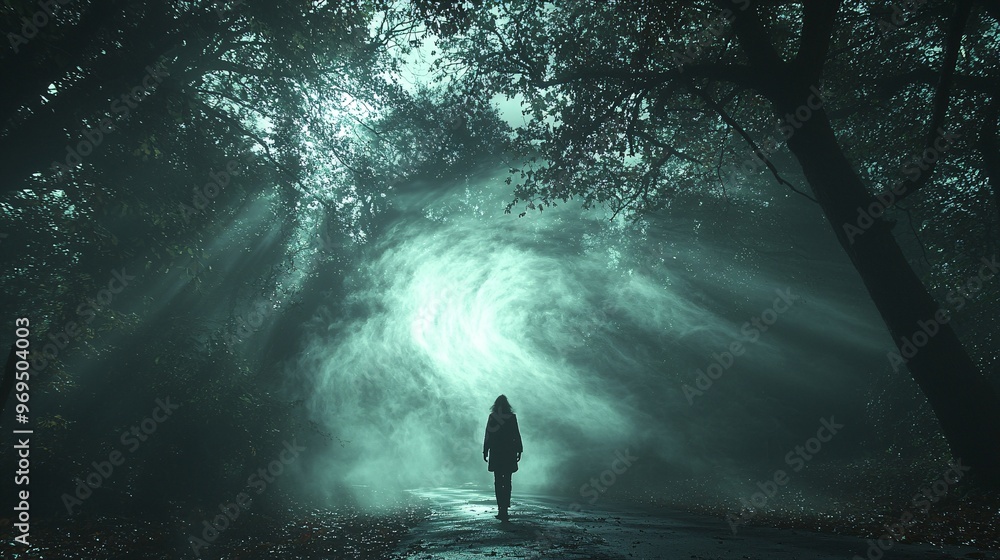 A swirling mist forming into the shape of a ghostly figure in the middle of a dark, forest clearing. A swirling mist forming into the shape of a ghostly figure in the middle of a dark, forest clearing.