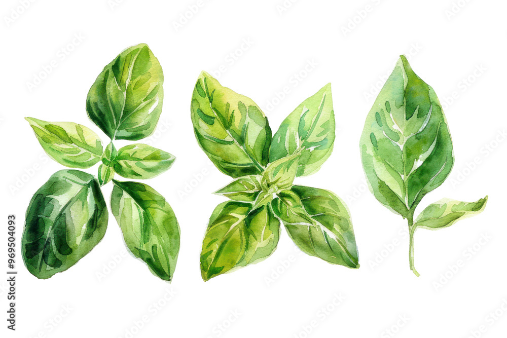 Basil, basil and holy basil leaves painted with watercolors on a white background showing the fragrance of vegetables Basil, basil and holy basil leaves painted with watercolors on a white background showing the fragrance of vegetables