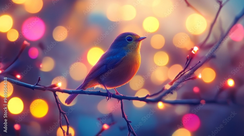Close-up of a vibrant bird perched on a branch, with a stunning, blurred background of colorful lights and bokeh effects creating a magical atmosphere. Close-up of a vibrant bird perched on a branch, with a stunning, blurred background of colorful lights and bokeh effects creating a magical atmosphere.