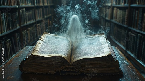 A shadowy ghost emerging from an old, dusty book in a dimly lit library.