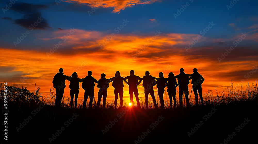 Silhouette of people holding hands against a vibrant sunset backdrop. Silhouette of people holding hands against a vibrant sunset backdrop.