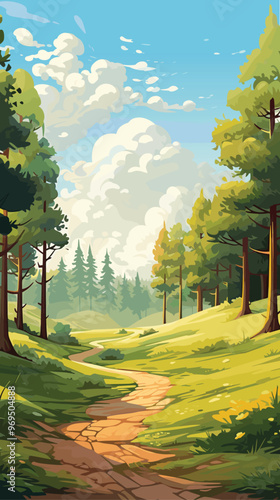 Beautiful landscape of a road running through a forest. A sunny summer day, serenity and happiness. Vector illustration.