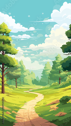 Beautiful landscape of a road running through a forest. A sunny summer day, serenity and happiness. Vector illustration.