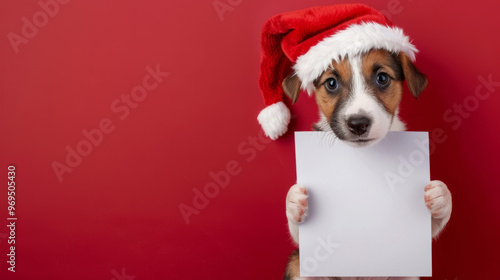 cute puppy holding blank paper with animal festive hopes , copy space with empty white sheet in pure red background to make christmas posters, banners and cards