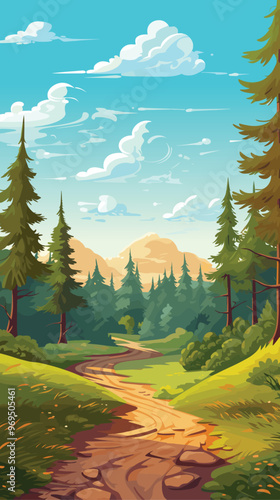 Beautiful landscape of a road running through a forest. A sunny summer day, serenity and happiness. Vector illustration.