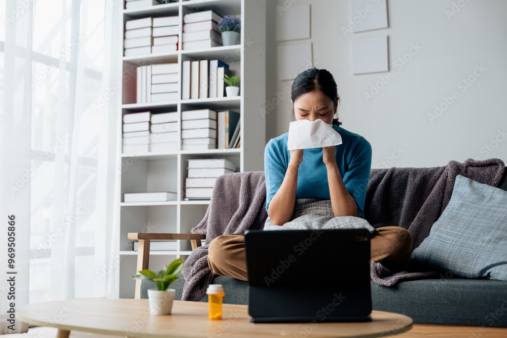Woman is ill sick with fever, a runny nose and cough feeling under weather under blanket in the living room at home and wipe a nose with facial tissue. Woman is ill sick with fever, a runny nose and cough feeling under weather under blanket in the living room at home and wipe a nose with facial tissue.