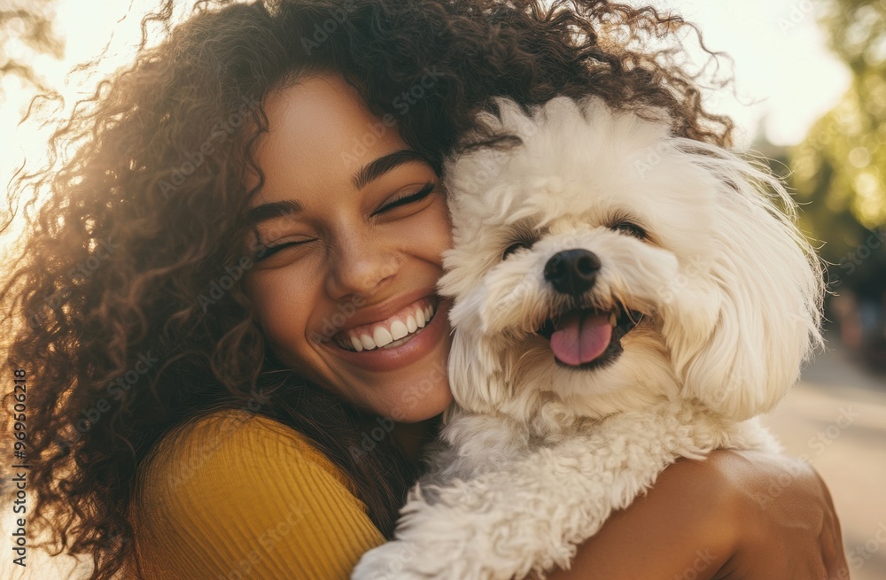 A young woman is happily hugging her dog outdoors, both appearing joyful and close. The natural lighting and warmth of the moment highlight their strong bond and affection. A young woman is happily hugging her dog outdoors, both appearing joyful and close. The natural lighting and warmth of the moment highlight their strong bond and affection.
