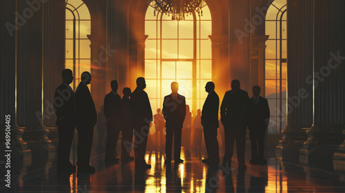 Silhouetted figures against grand, illuminated arch window. Opulent interior with chandelier. Golden sunset glow. Powerful group overlooking expansive view. Secret meeting ambiance photo