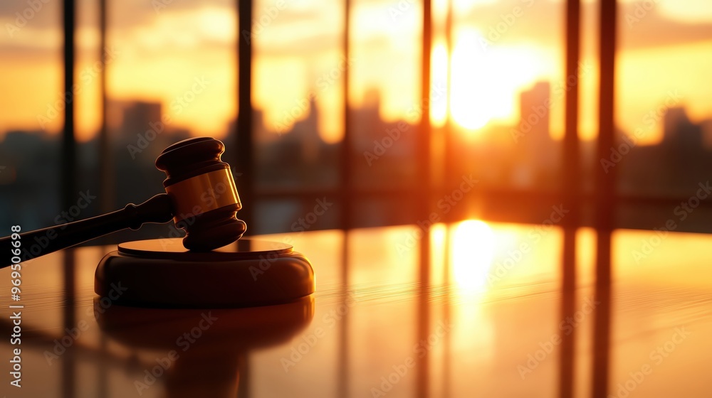 A gavel rests on a wooden desk, symbolizing justice and law against a stunning sunset backdrop in an urban setting.