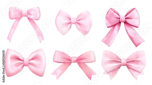 Delicate Pink Watercolor Bows, Soft pink hues grace elegant bows, perfect for enhancing designs, crafts, and artistic projects, set against a clean white backdrop.