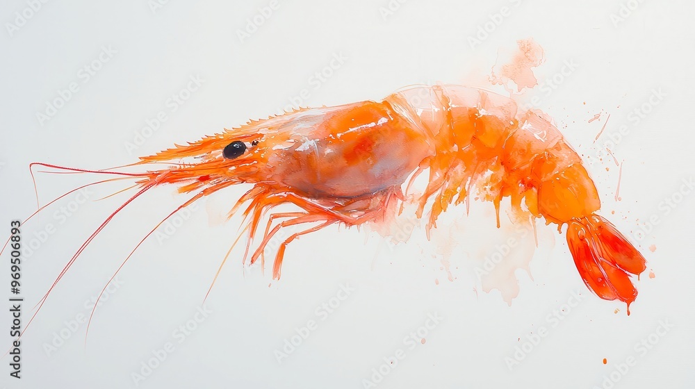 custom made wallpaper toronto digitalVibrant Orange Shrimp on White Canvas, a watercolor depiction showcasing the delicate texture and rich color of a solitary shrimp against a pristine backdrop.