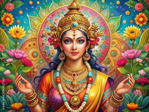 Vibrant depiction of a serene goddess with intricate gold jewelry, flowing robes, and flowers, set against a richly photo