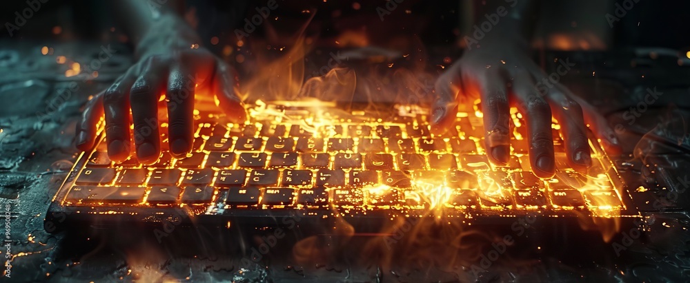 Fingers dance across a vibrant, fiery keyboard, illuminating a shadowy environment filled with creative energy and late-night inspiration Fingers dance across a vibrant, fiery keyboard, illuminating a shadowy environment filled with creative energy and late-night inspiration