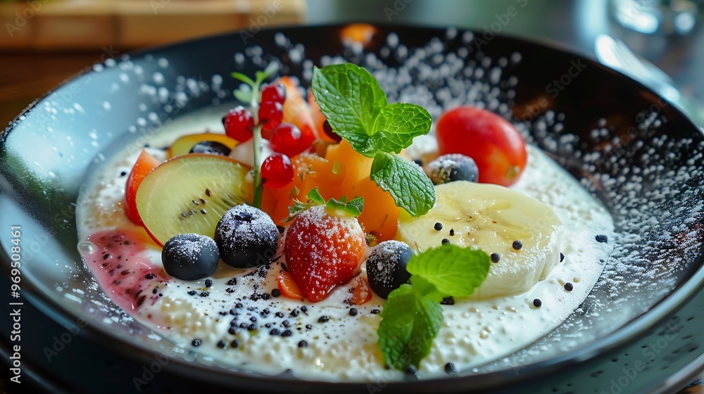 Meal with frothy butter vinella cream and fruits Meal with frothy butter vinella cream and fruits