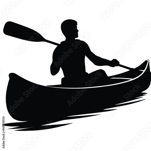 A silhouette of a person canoeing