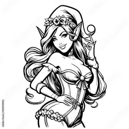 enchanted pin up elf girl in minimalist line art style black vector