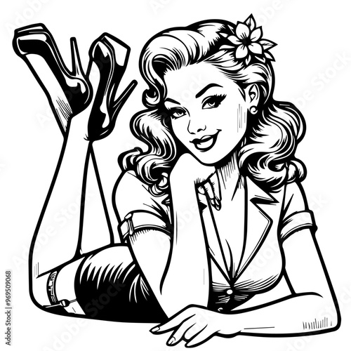 pin up girl as secretary in line art style black vector