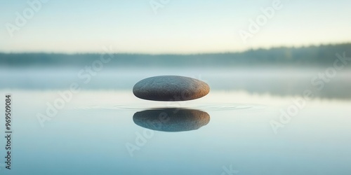 A flat and smooth stone skipping across a calm lake wide shot soft light-