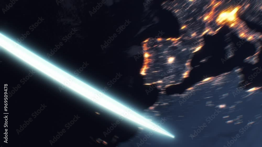 Fast Digital Lines Flying Around the Earth Seamless. Blue Strokes Moving Round the World Night Cities Light View from Space. Light Trails Looped 3d Animation. Technology Communications Concept 4k.