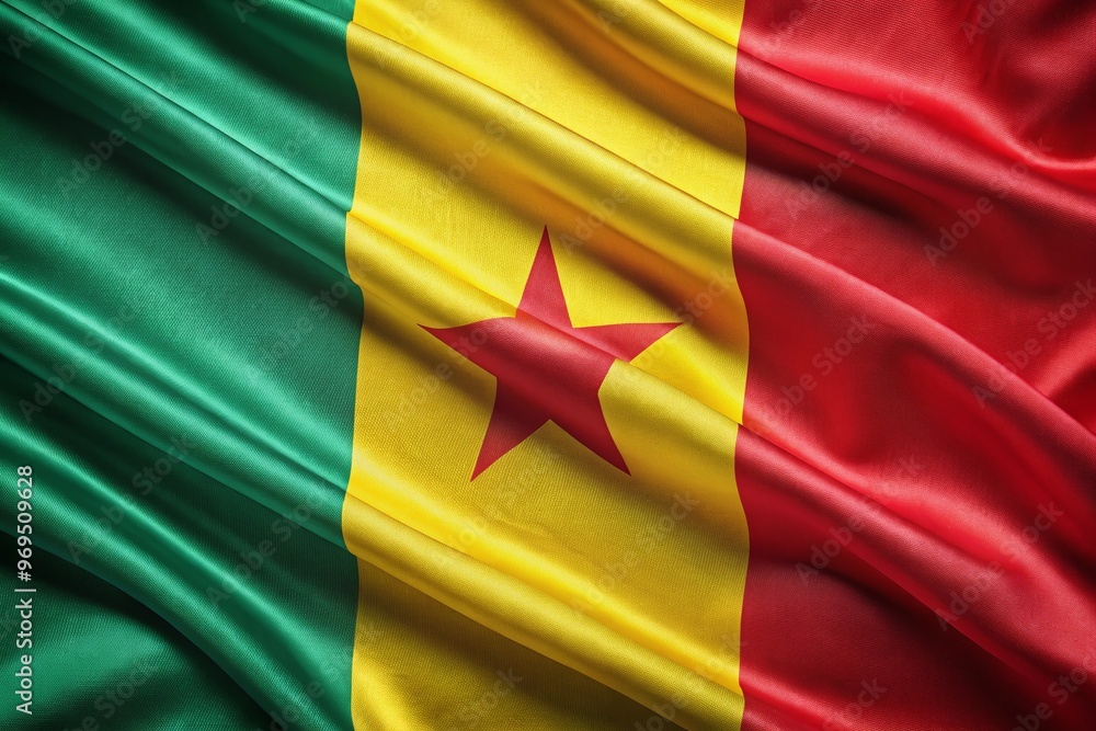 Vibrant green, yellow, and red tricolor flag of Cameroon waving proudly in the breeze, with intricate details and Vibrant green, yellow, and red tricolor flag of Cameroon waving proudly in the breeze, with intricate details and