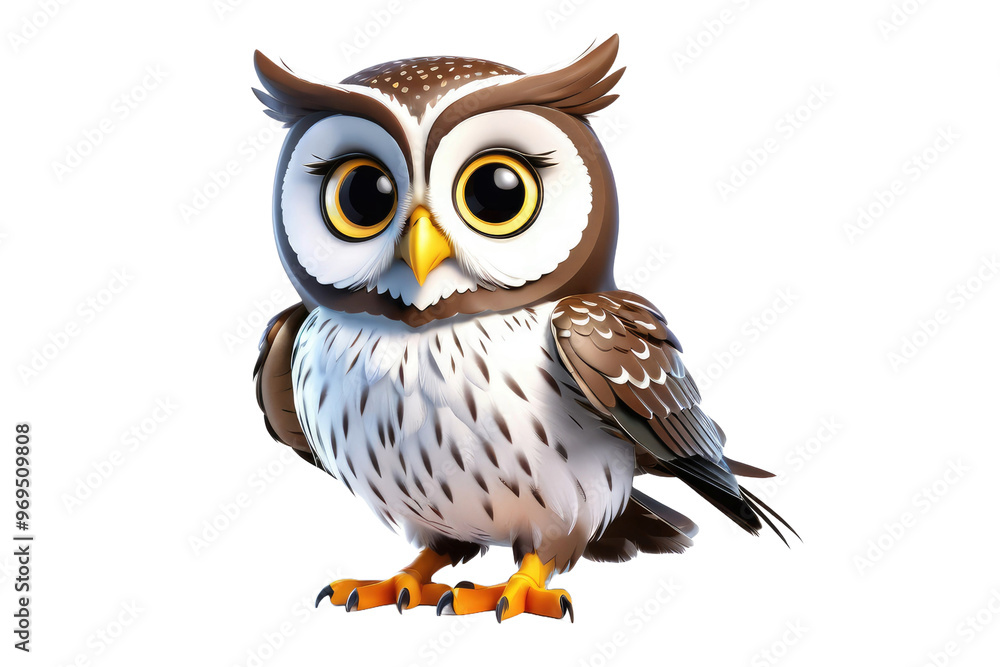 Obraz premium Cute owl cartoon, full body, 3D model, high quality, floating isolated on a white background, soft feathers visible, large expressive eyes, stance showcasing innocence