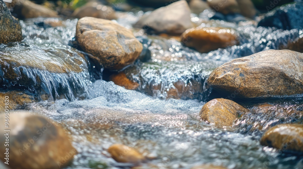 Crystal-clear water flowing over smooth stones in a mountain stream, natural light highlighting the textures and motion. Crystal-clear water flowing over smooth stones in a mountain stream, natural light highlighting the textures and motion.