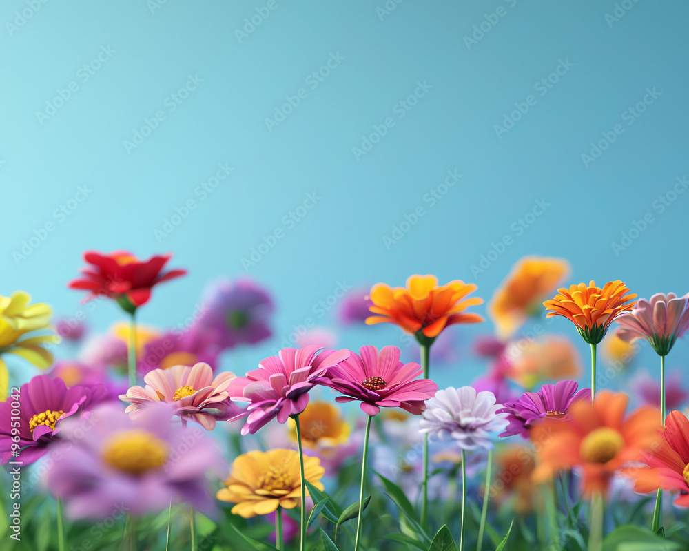 Obraz premium Vibrant blooms in colorful organic flower garden create cheerful atmosphere, showcasing variety of flowers in full array against soft blue background