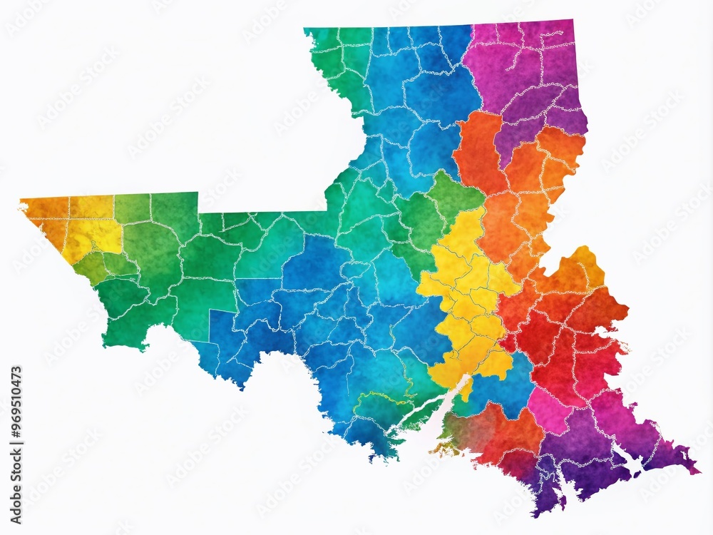 Obraz premium Vibrant illustration of Louisiana's shape, highlighting major cities, rivers, and borders, set against a white