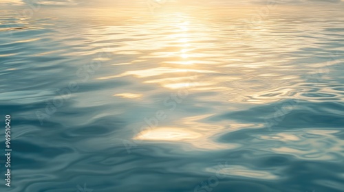 Sunrise over a calm ocean, soft golden light reflecting on the water, with natural light filtering through the clouds.