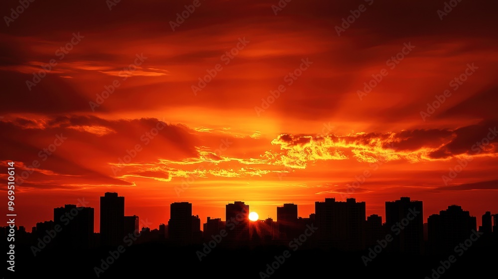 Naklejka premium A dynamic orange sunset over a city skyline, with the buildings silhouetted against the fiery sky.