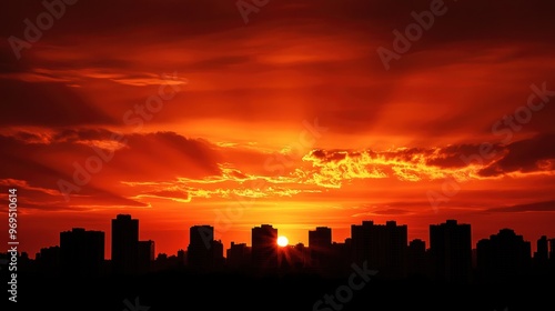 A dynamic orange sunset over a city skyline, with the buildings silhouetted against the fiery sky.