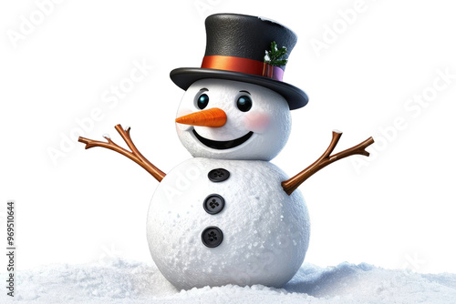 Cute snowman in 3D cartoon style, striking a playful pose, charming smile, carrot nose centered, coal buttons aligned down a round belly, fluffy snow texture, isolated on white background