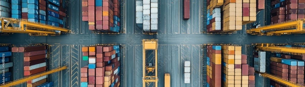 Fototapeta premium Aerial View of Shipping Containers and Cranes at a Cargo Terminal